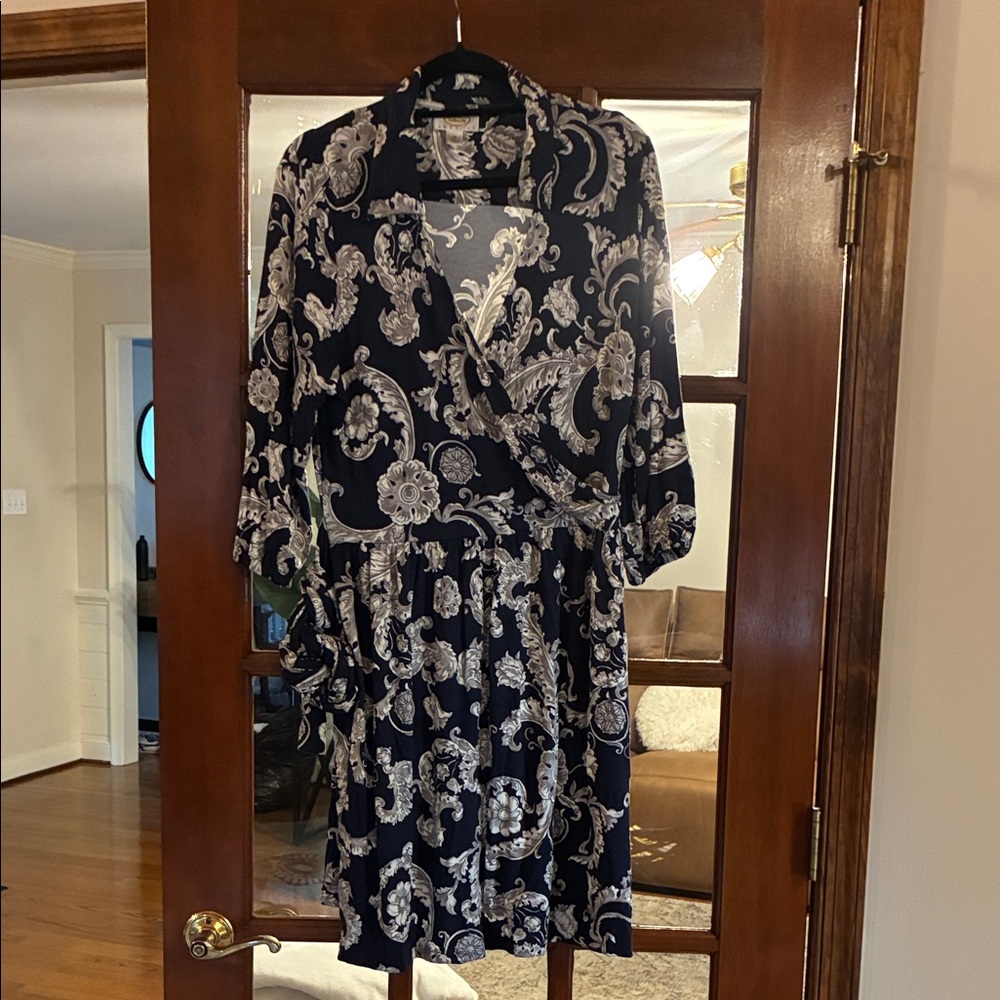 Talbots Navy and Cream Paisley Wrap Midi Dress